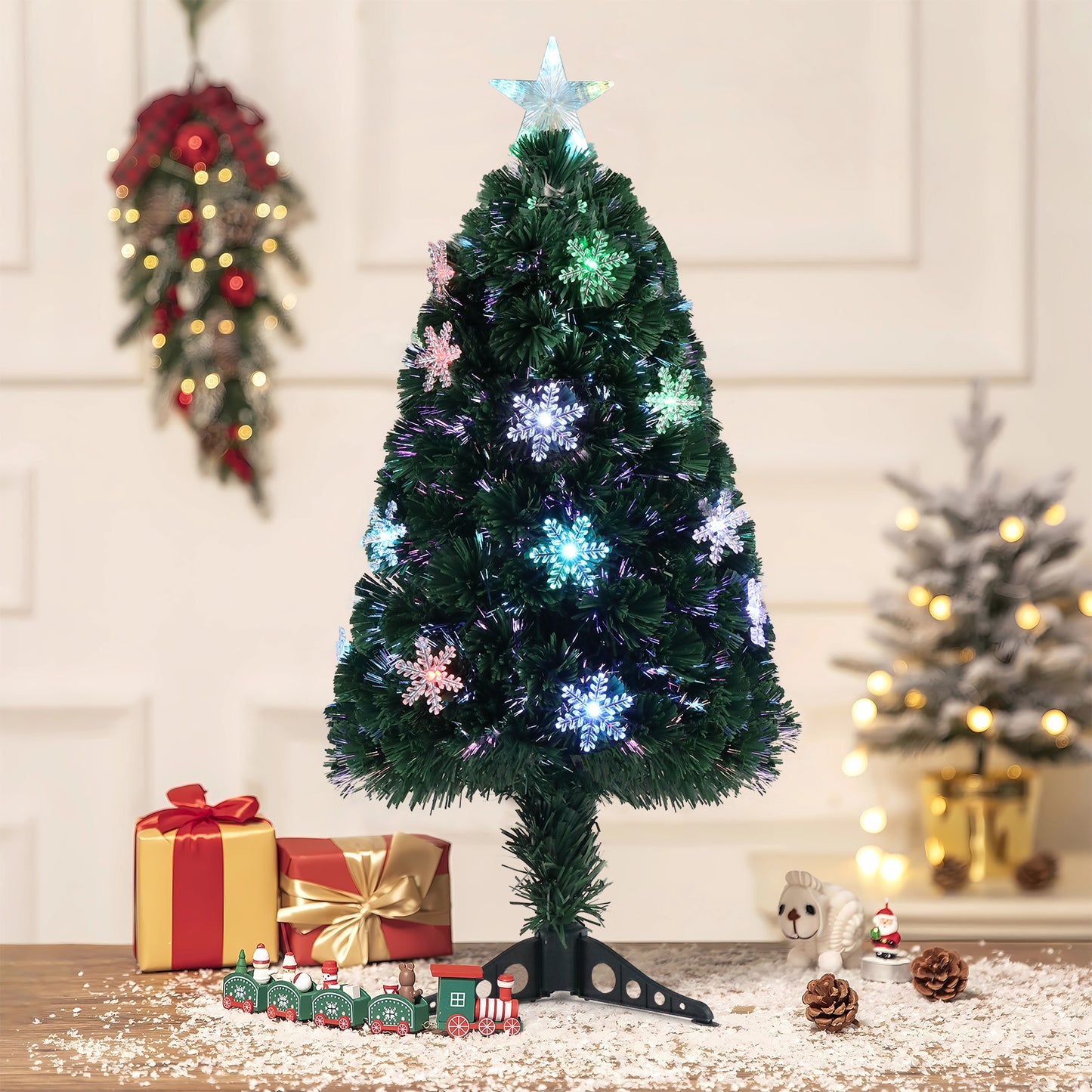 3ft Top With Stars,  12 Lights With Snow Flakes, Colorful And Color-Changing, 85 Branches, Christmas Tree